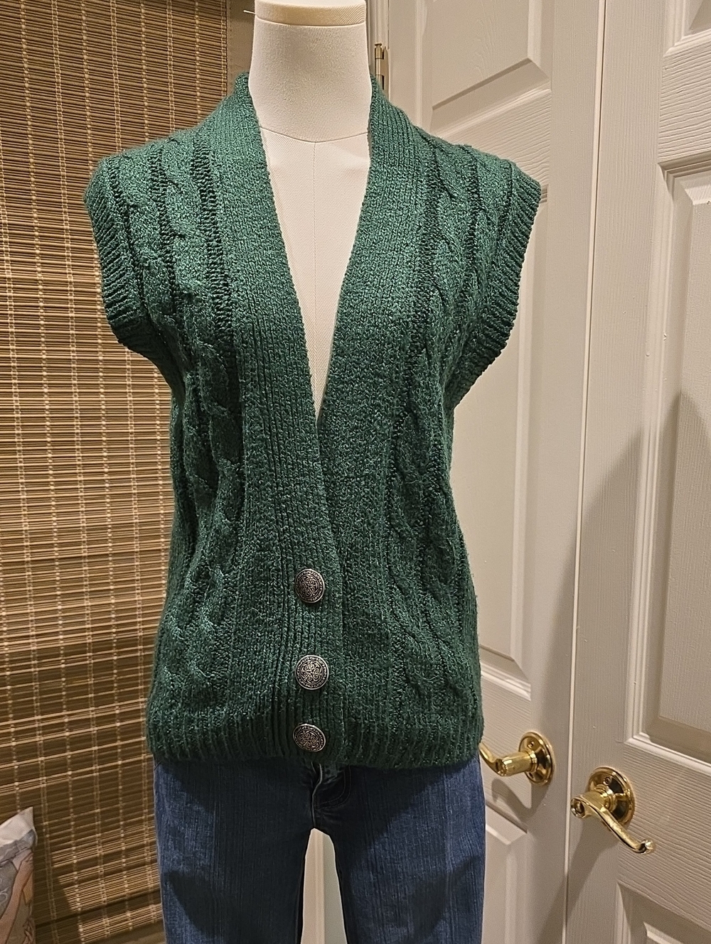 Ashley By 26 International Emerald Green Cable Knit Button Front Vest